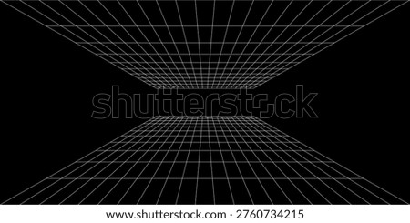 Futuristic perspective grid box. Abstract wireframe with white grid line on black background. Virtual reality landscape in 80s 90s digital style.