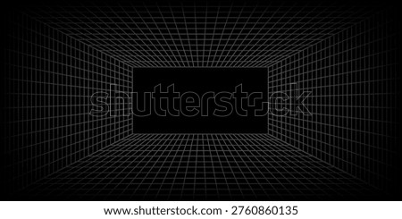 Futuristic perspective grid box. Abstract wireframe with white grid line on black background. Virtual reality landscape in 80s 90s digital style. Vector