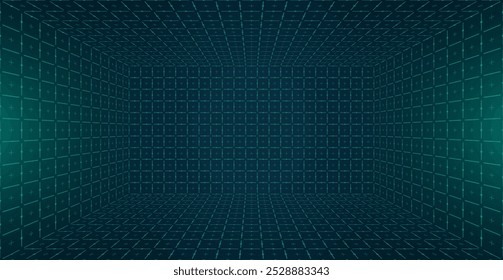 Futuristic perspective HUD grid box. Abstract wireframe with green grid lines on dark background. Inspired 80s and 90s digital style GUI FUI design. Virtual reality landscape. Retro future aesthetic