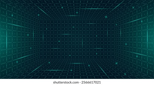 Futuristic perspective HUD grid box abstract wireframe. Green grid lines on dark background evoke 80s 90s digital style. GUI FUI design inspired virtual reality landscapes and retro future aesthetic