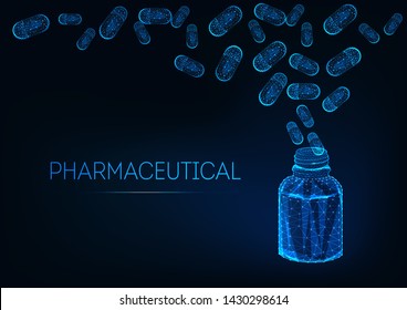 Futuristic pharmaceutical concept with open medicament bottle and capsule pills on dark blue background. Pharmacology innovations. Glowing low polygonal design vector illustration. 