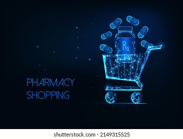 Futuristic Pharmacy Shopping Concept With Glowing Low Poly Shopping Cart Filled With Medicine Pills