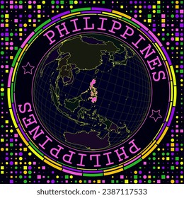 Futuristic Philippines on globe. Bright neon satelite view of the world centered to Philippines. Geographical illustration with shape of country and geometric background. Modern vector illustration.