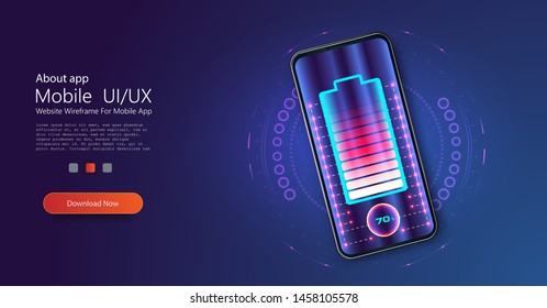 Futuristic phone is charged wirelessly on a blue background. Wireless charging. Wireless charging of the smartphone battery. Future concept. The progress of charging the battery of the phone. Vector
