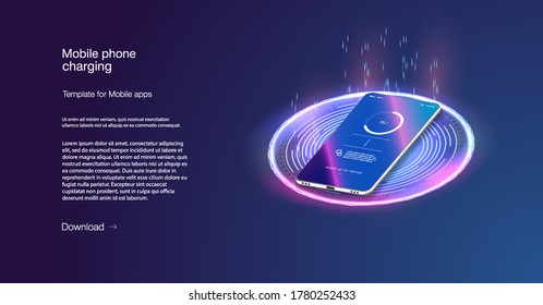 Futuristic phone is charged wirelessly on a blue background. Wireless charging. Wireless charging of the smartphone battery. Future concept. The progress of charging the battery of the phone. Vector