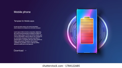 Futuristic phone is charged wirelessly on a blue background. Wireless charging. Wireless charging of the smartphone battery. Future concept. The progress of charging the battery of the phone. Vector