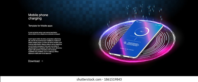 Futuristic phone is charged wirelessly on a blue background. Wireless charging. Wireless charging of the smartphone battery. Future concept. The progress of charging the battery of the phone. Vector