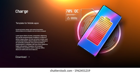 Futuristic phone is charged wirelessly on a blue background. Wireless charging. Wireless charging of the smartphone battery. Future concept. The progress of charging the battery of the phone. Vector