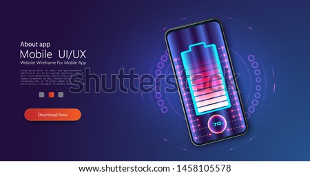 Futuristic phone is charged wirelessly on a blue background. Wireless charging. Wireless charging of the smartphone battery. Future concept. The progress of charging the battery of the phone. Vector