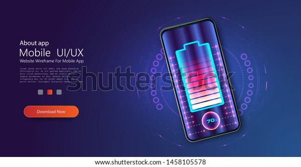Futuristic phone is charged wirelessly on a blue\
background. Wireless charging. Wireless charging of the smartphone\
battery. Future concept. The progress of charging the battery of\
the phone. Vector