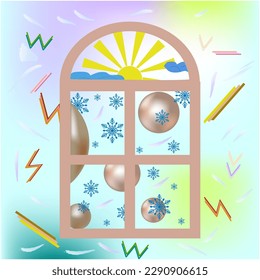 Futuristic picture of a landscape with balls on a color background. Soap light water bubble collection of illustration. Colorful template for printed. Design element. Vector illustration
