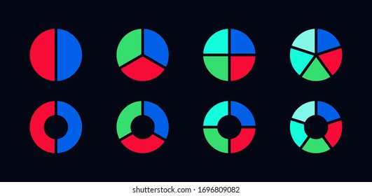 Futuristic pie chart set. Technology circle diagram icons with 2,3,4,5 sections and steps isolated on dark background. Modern vector design illustration for UI infographic, web design, presentation
