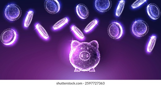 Futuristic piggy bank with glowing purple coins falling from above. Concept of fintech, digital savings, cryptocurrency, and smart investment. Modern finance and cashless economy. Vector illustration.