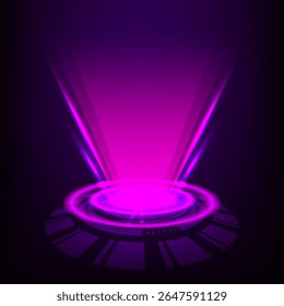 Plataforma de projeção holográfica rosa futurista brilhante luz feixe abstrato Sci-Fi Interface no fundo escuro