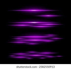 Futuristic pink light streaks set. Glowing horizontal laser beams with motion blur on a dark background. Sci-fi energy lines, cyberpunk style, digital speed effects, and modern technology aesthetics.
