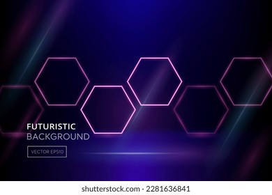 Futuristic pink purple glowing neon light hexagon shape frames in dark blue gradient background  