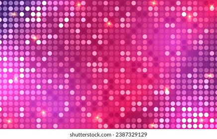 Futuristic Pink shining dots lights background with glowing stars. Digital mosaic. Pink shining dots background. Digital display. Led screen with glowing neon blue and pink dot lights. Vector EPS10.