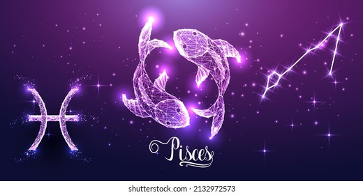 Futuristic Pisces zodiac sign on dark purple background. Glowing low polygonal design vector. 