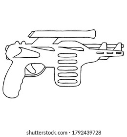 Futuristic pistol with optical sight in doodle style. Coloring for children.