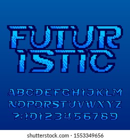 Futuristic pixel alphabet font. Pixel gradient letters, numbers and symbols. 80s arcade video game typescript.