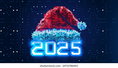 Futuristic pixel art illustration featuring a Santa hat and glowing "2025" text. Perfect for holiday-themed designs, digital art collections, and festive graphics. Modern and vibrant Christmas.