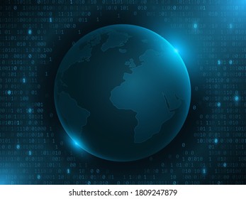 Futuristic planet Earth with binary code on a dark blue background. World map with blue lights. Hi-tech design. 3d globe and world network. Vector illustration. EPS 10.
