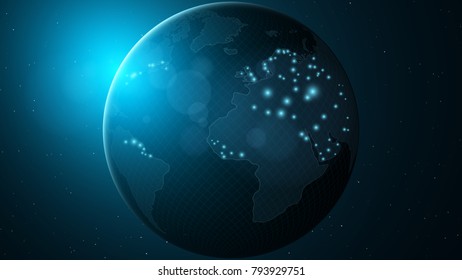 Futuristic planet earth. Blue glow. Space and stars. Big city. Abstract world map. High-tech globe. Vector illustration