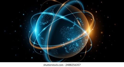 Futuristic planet Earth with digital map of glowing dots. Abstract rings in the orbit with stardust on dark background. Global communication system. Sci-fi cover. Vector illustration. EPS 10