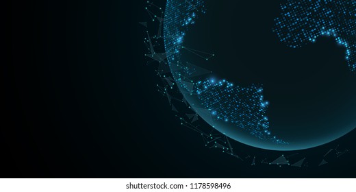 Futuristic planet Earth with flying triangles. World map. Blue lights. Sci-fi and hi-tech. Plexus particles. Map of glowing dots. World Network. Vector illustration. EPS 10