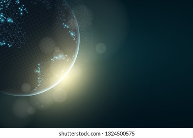 Futuristic planet Earth. Glowing map of square dots. Abstract background. Space composition. Sunlight. High tech. World map. Glare bokeh. Global network connection. Vector illustration. EPS 10