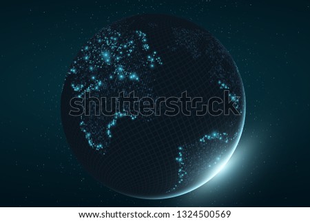 Futuristic planet Earth. Glowing map of square dots. Abstract background. Space composition. Blue glow. High tech. World map. Global network connection. Vector illustration. EPS 10