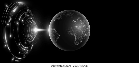 Holograma futurista del planeta Tierra con círculos brillantes del HUD. Mapa digital de puntos. Elementos de ciencia ficción para la interfaz de alta tecnología. Sistema mundial de comunicación. Ilustración vectorial. EPS 10.