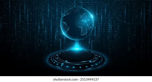 Futuristic planet Earth hologram into cyberspace. Digital world map of glowing dots with HUD circles against the background of binary code. Global communication system. Big data. Vector illustration.