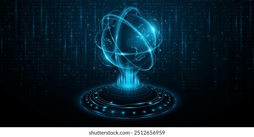 Holograma del planeta Tierra futurista. Mapa mundial de puntos brillantes con círculos HUD contra el fondo de código binario. Sistema mundial de comunicación. Big data en el ciberespacio. Ilustración vectorial. EPS 10.