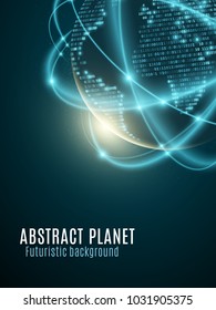 Futuristic planet earth. World map from binary code. Glowing, blurry neon lines. Abstract background. Computer programming code. Global network. Vector illustration. EPS 10