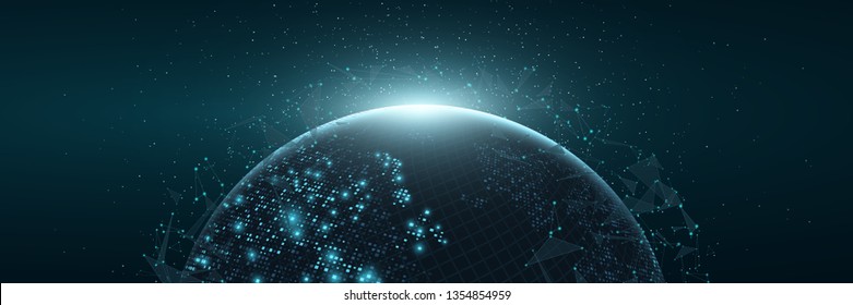 Futuristic Planet Earth. World map of glowing square dots. Modern abstract background. Space composition. Web banner. Global network connection. Vector illustration. EPS 10.