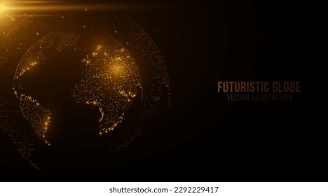 Planeta Tierra Futurista. Mapa mundial de puntos cuadrados brillantes. Fondo abstracto moderno. Composición espacial. Banner web. Conexión de red global. Ilustración vectorial. EPS 10.