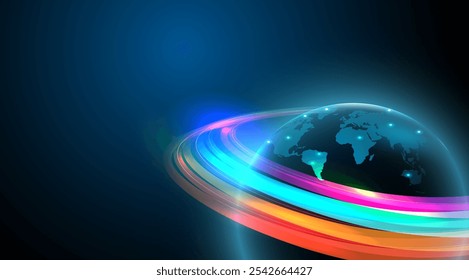 Tecnologia de planeta futurista.  Mapa de palavras com luz brilhante ficção científica. Fundo terrestre metaverso                                                                                            