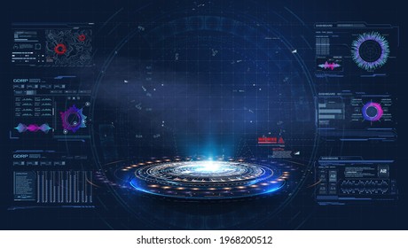 Futuristic Platform. Hologram Podium And Digital Data Graphs. Blank Display, Podium For Show Product In Cyberpunk Style. Technology Demonstration. Circle 3D Lab Stage With HUD Elements For UI,GUI