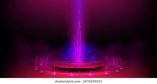 Futuristic platform with neon light portal in clouds of smoke. Vector realistic illustration of round tech podium illuminated with laser beams, cylinder pedestal with teleport to virtual game space