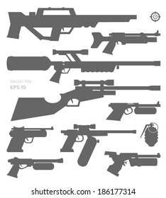 Futuristic pneumatic weapons collection. Vector graphics.