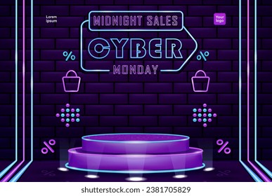 Futuristic podium for Cyber Monday Sales with neon concept, labels, shopping bag icons, arrows and discounts. Suitable for product advertising 