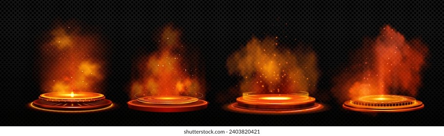 Futuristic podium with orange light portal effect isolated on transparent background. Vector realistic illustration of sci-fi game teleport with hot smoke, shimmering particles, alien space platform