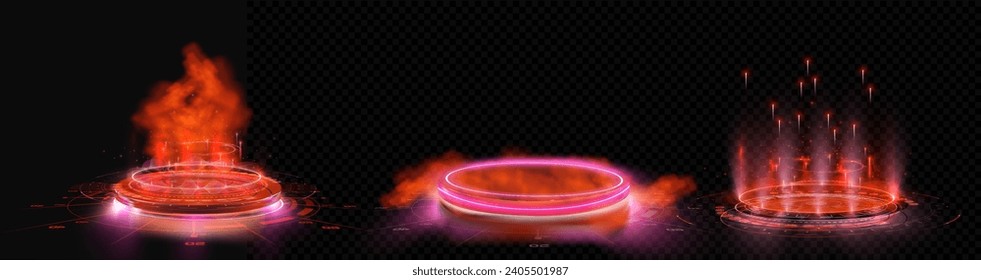 Futuristic podium red light portal effect isolated on transparent background. Abstract Digital Fire Rings and Particles on a Futuristic Interface Background. Realistic teleportation portal. Vector