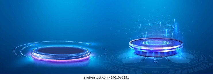 Futuristic podiums, teleport platforms with neon glow and hologram effect.  3d futuristic platforms with blue neon beams isolated on blue background. Virtual reality, cyber space podiums. Vector