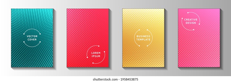 Futuristic point perforated halftone cover page templates vector collection. Corporate booklet faded halftone backgrounds. Vintage cartoon comics style title page layouts. Line art design.