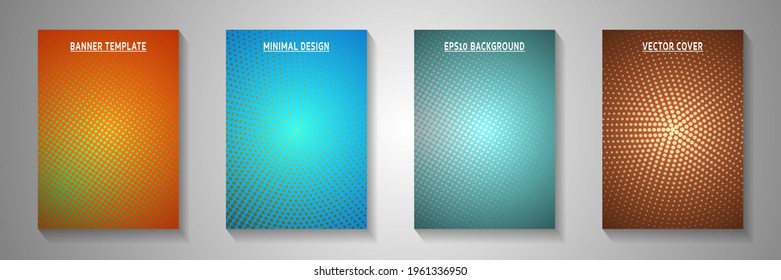 Futuristic point perforated halftone cover templates vector kit. Scientific notebook faded halftone backdrops. Retro manga comics style front page layouts. Overlay spots grid