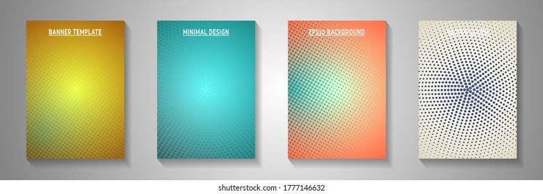 Futuristic point perforated halftone front page templates vector kit. Industrial journal faded halftone backgrounds. Retro manga comics style title page leaflets. Distressed prints.