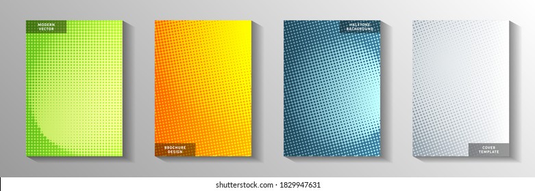 Futuristic point perforated halftone title page templates vector series. Business magazine faded halftone backgrounds. Vintage cartoon comics style cover page layouts. Gradient design.