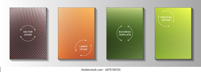 Futuristic point screen tone gradation cover page templates vector set. Business brochure faded screen tone patterns. Vintage manga comics style front page layouts. Linear design.